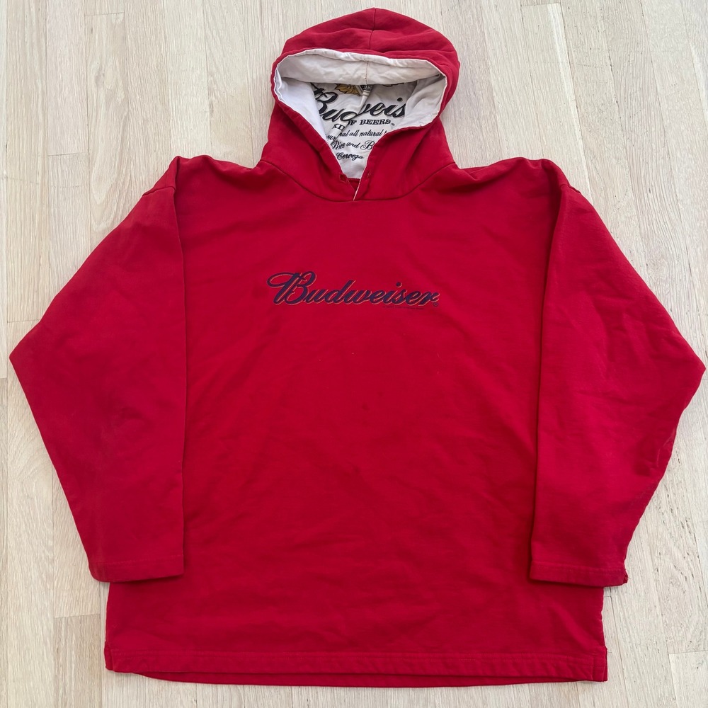 Budweiser Hoodie Mens XL Red Fair Used Vintage Embroidered Logo Pullover